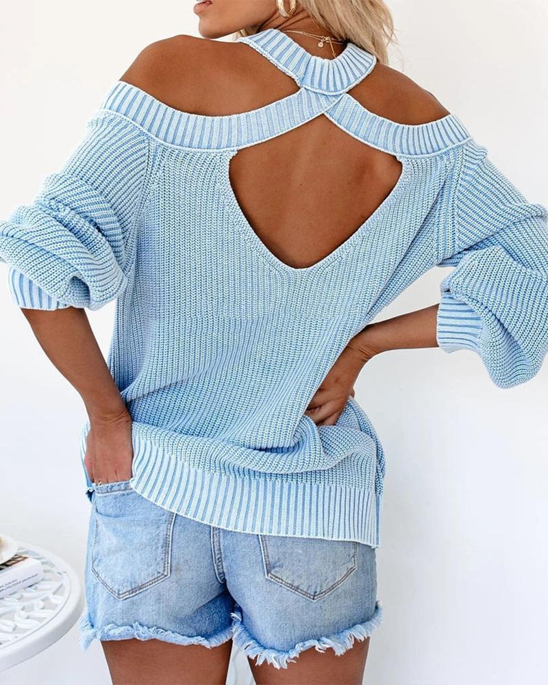 

Cold Shoulder Open Back Chunky Knit Sweater, Blue