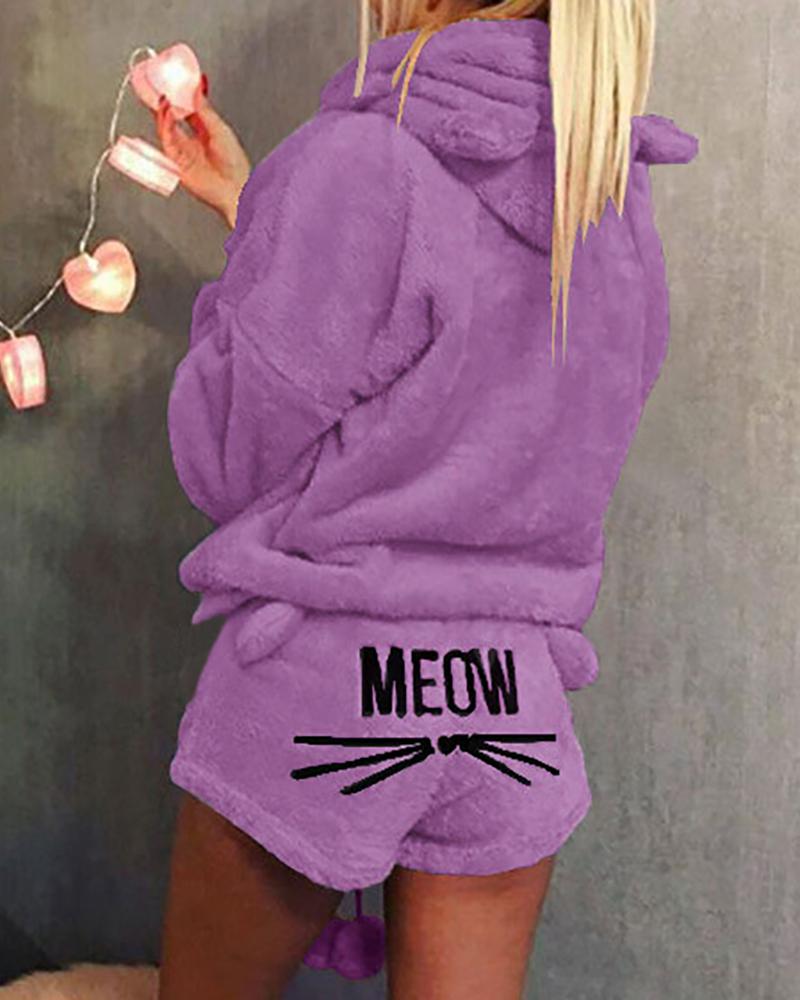 

Embroidery Letter Cat Fluffy Hooded Pajamas Set, Purple