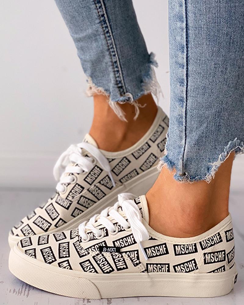 

Letter Print Eyelet Lace-up Casual Canvas Shoes, Beige