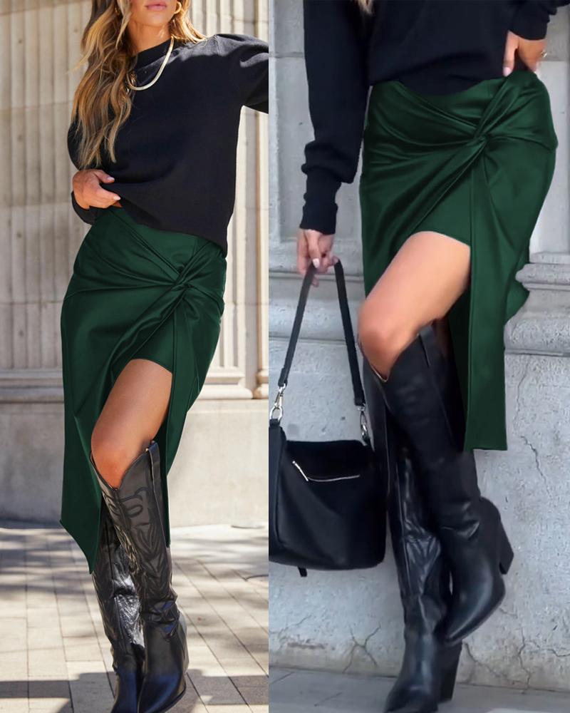 

Twisted Slit PU Leather Asymmetrical Skirt, Dark green