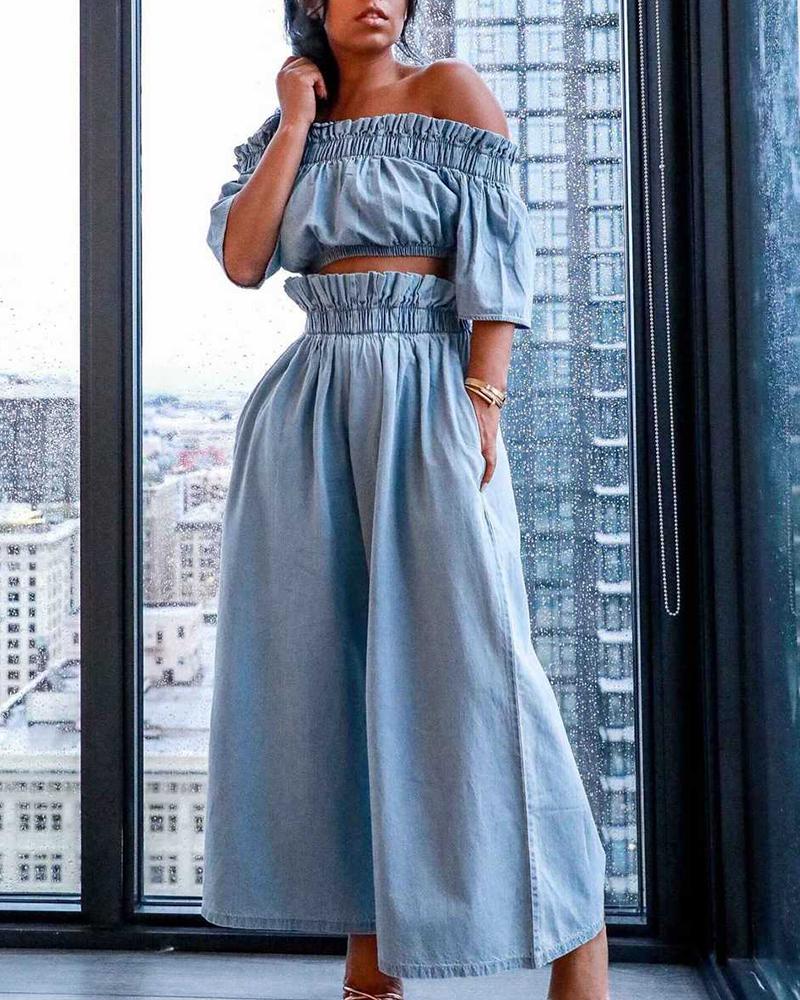 

Off Shoulder Frill Hem Denim Top & Pants Sets, Blue