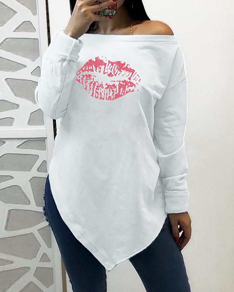 

Lip Print Long Sleeve Casual Irregular Top, White