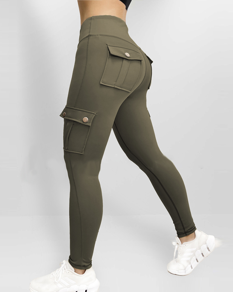 

Butt Lifting Leggings with Flap Pockets High Waist Tummy Control Workout Cargo Pants, Army green