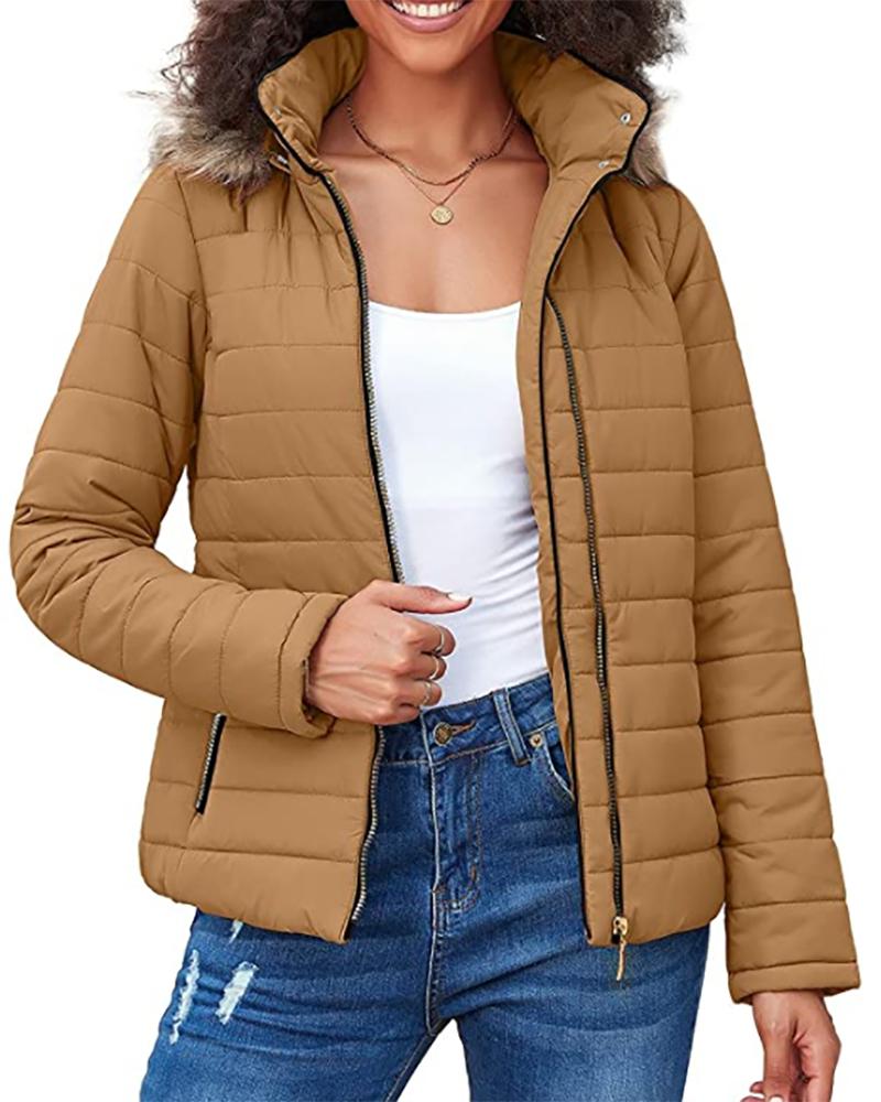 

Zipper Pocket Design Fuzzy Hooded Puffer Jacket, Khaki