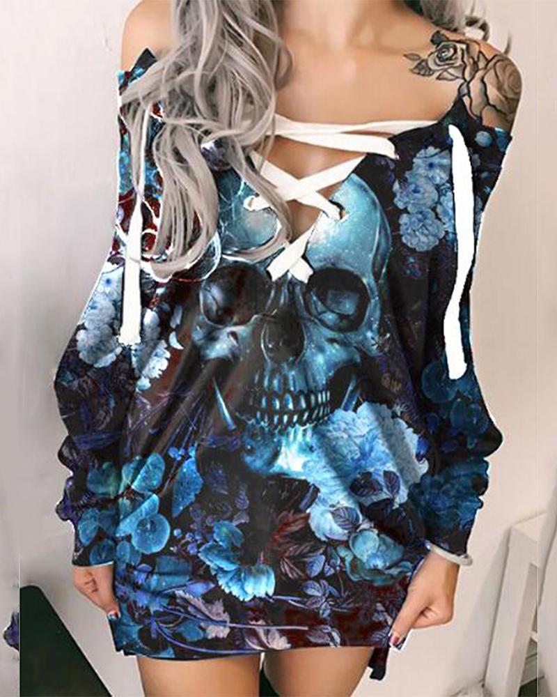 

Halloween Skull Print Off Shoulder Eyelet Lace-Up Sweatshirt Dress, Style4
