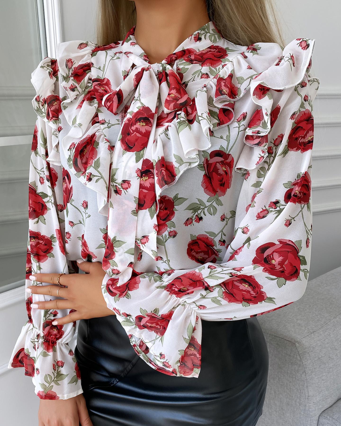

Tie Neck Floral Print Long Sleeve Blouse, White
