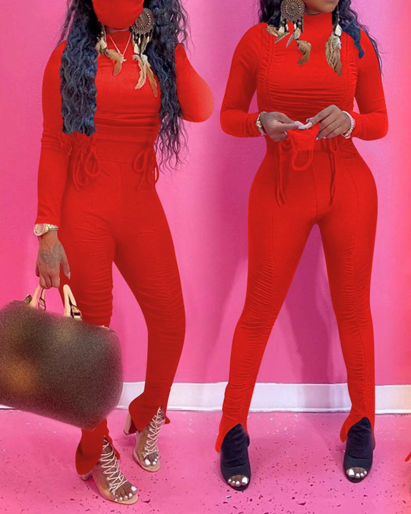 

Drawstring Ruched Top & Slit Pants Set, Red