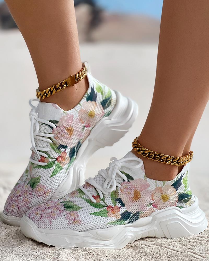 

Floral Print Lace-up Breathable Sports Sneakers, Multicolor