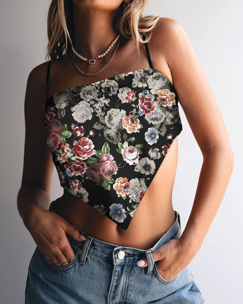 

Butterfly / Tie Dye / Floral Print Square Neck Handkerchief Top, Style2
