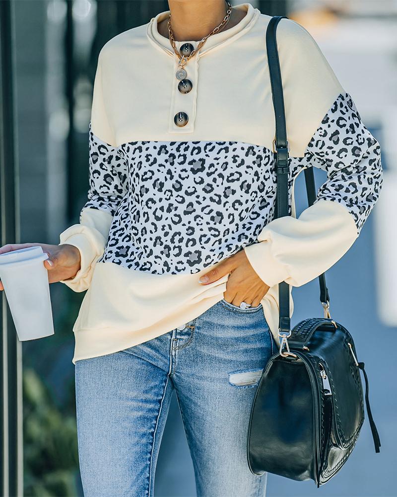 

Colorblock Leopard Print Button Decor Long Sleeve Sweatshirt, Apricot