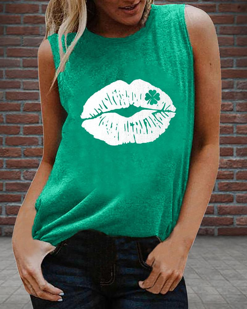 

St. Patrick' Day Clover Print Tee Round Neck Casual Tank Top, Style2
