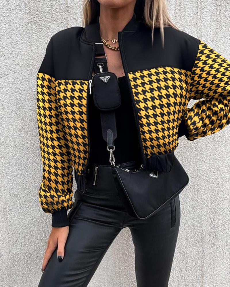 

Houndstooth Print Long Sleeve Zip Up Jacket, Yellow