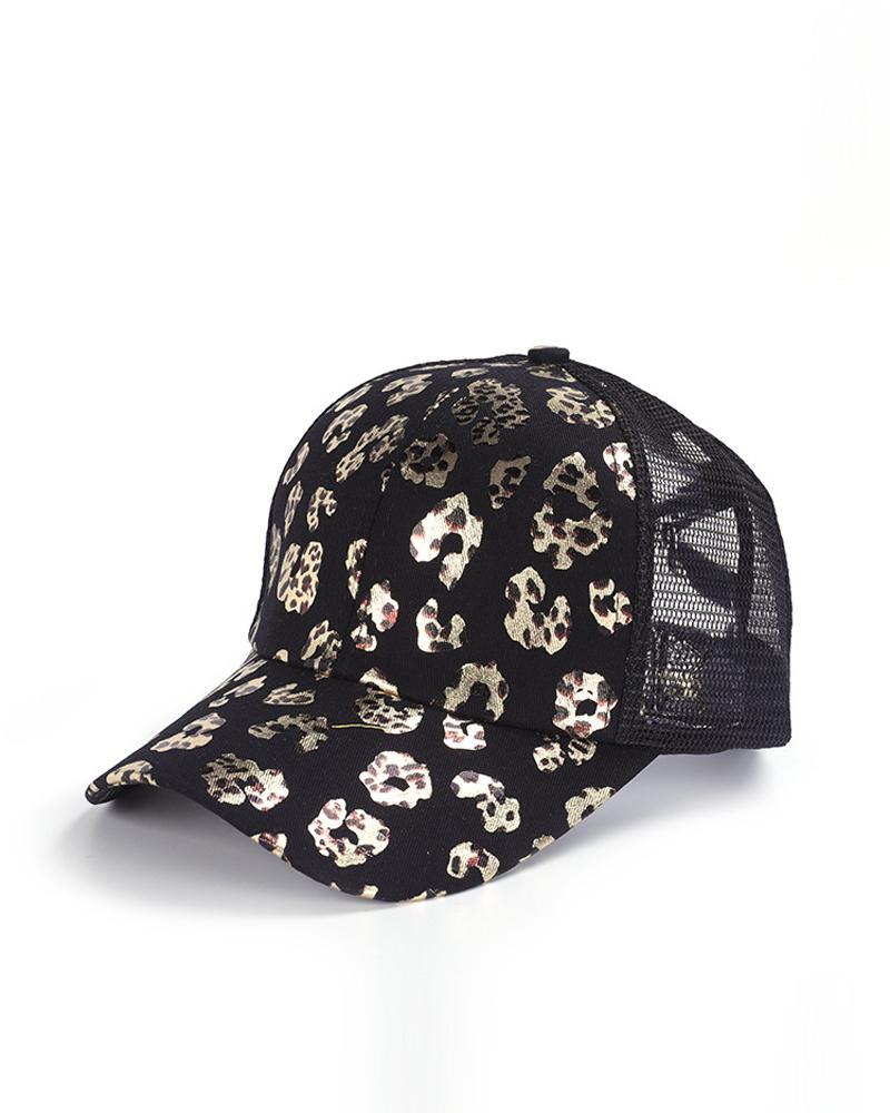 

Metallic Leopard Pattern Contrast Mesh Baseball Cap, Black