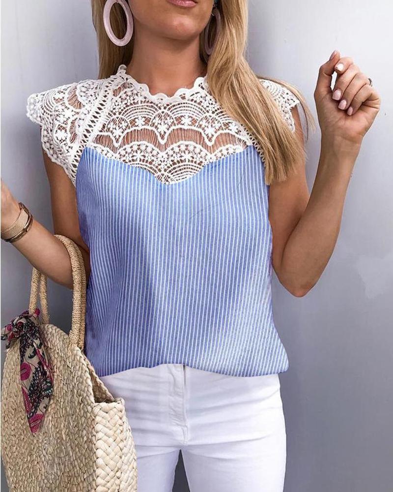 

Striped Crochet Lace Hollow Out Blouse, Blue