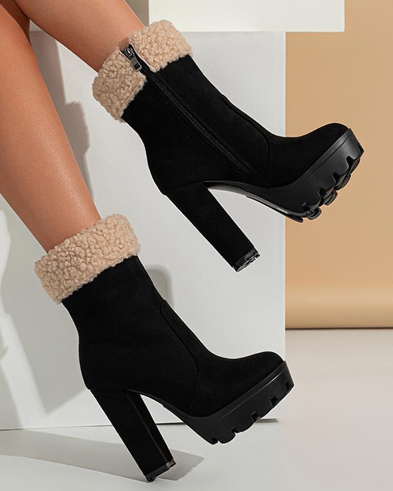 

Side Zipper Fuzzy Trim Chunky Heel Ankle Boots, Black