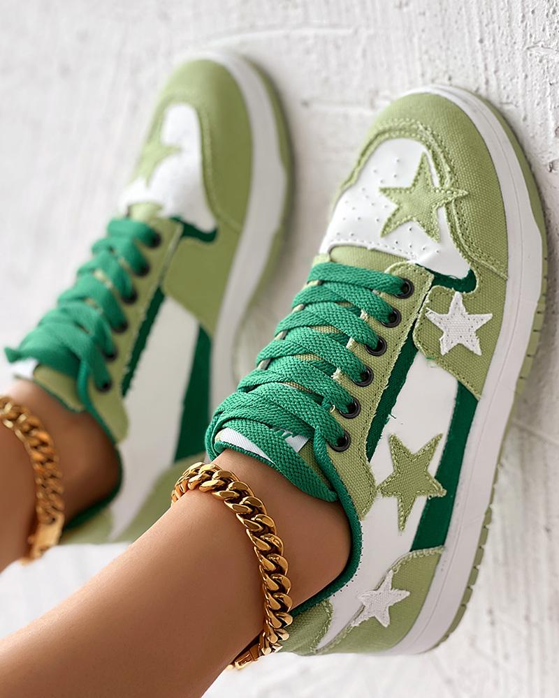 

Colorblock Star Pattern Lace-up Sneakers, Green