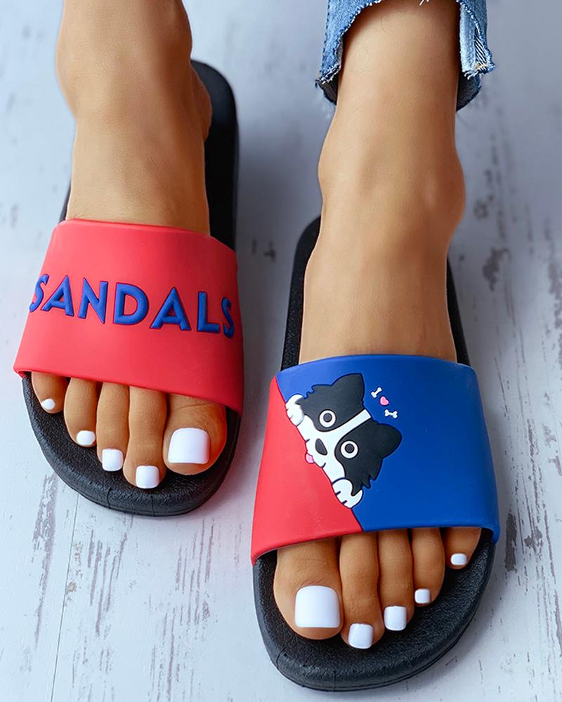 

Animal Letter Print Colorblock Flat Sandals, Blue