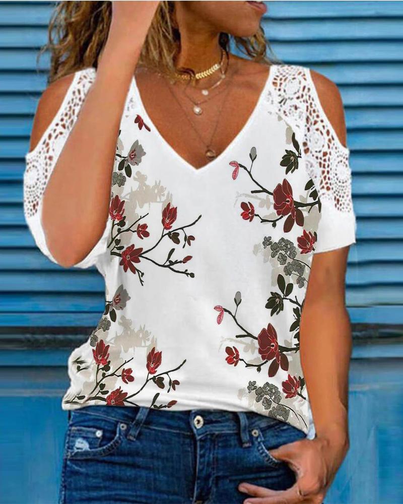 

Floral Print Contrast Lace Cold Shoulder Top, White