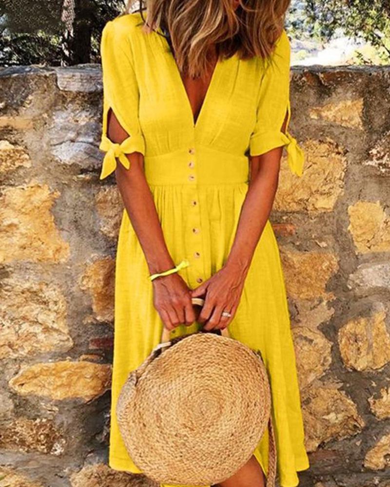 

Cutout Gathered Waist Short Sleeve Buttoned Dress, Yellow