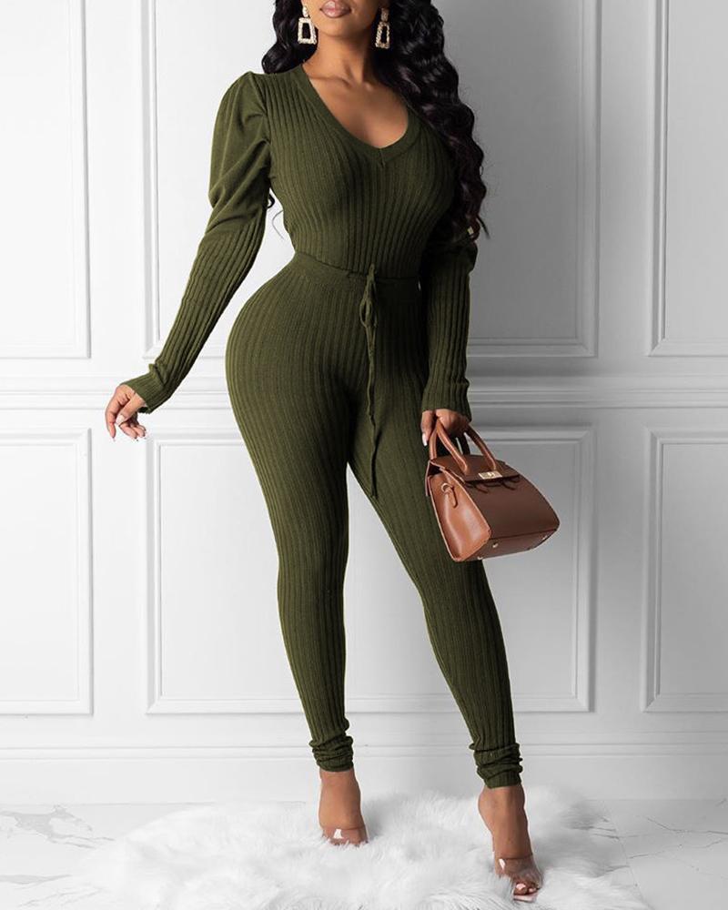 

Ribbed V Neck Gigot Sleeve Top & Drawstring Pants Set, Green