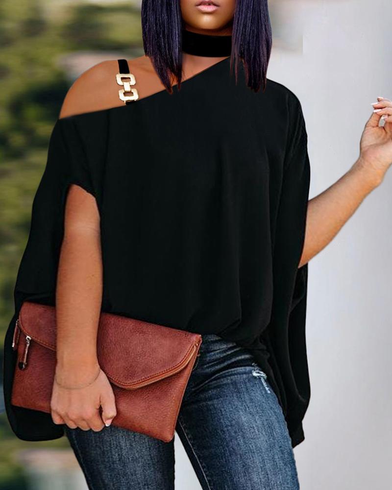 

Plus Size Cold Shoulder Chain Decor Top, Black