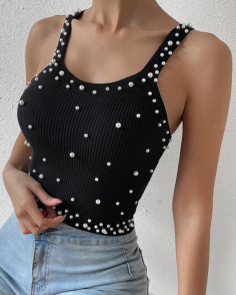 

Pearls Decor Thick Strap Knit Tank Top, Black