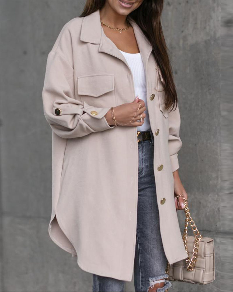

Flap Detail Roll Up Sleeve Buttoned Shacket, Apricot