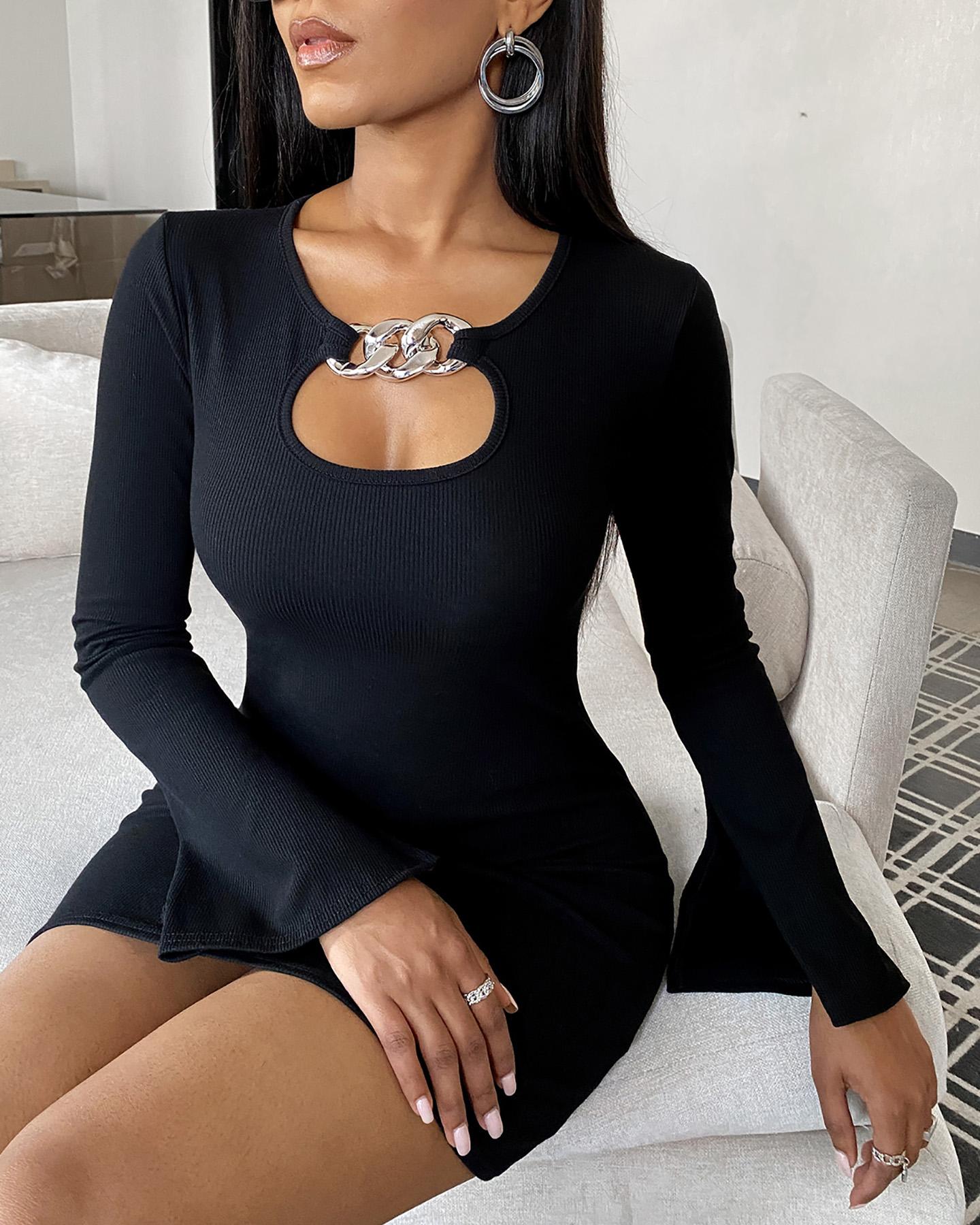 

Chain Decor Bell Sleeve Bodycon Dress, Black