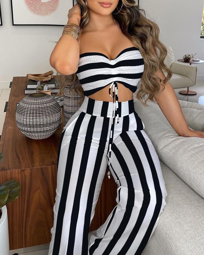 

Stripe Print Drawstring Bandeau Top & Pants Sets, Black&white