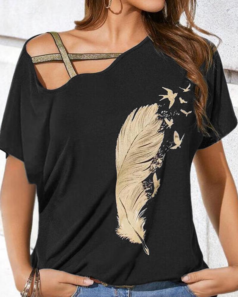 

Feather Print Hollow-out Short Sleeve T-shirt, Black
