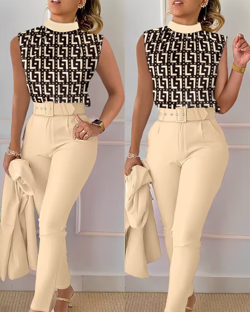 

Geometric Print Ruched Top & Pants Set With Belt, Apricot