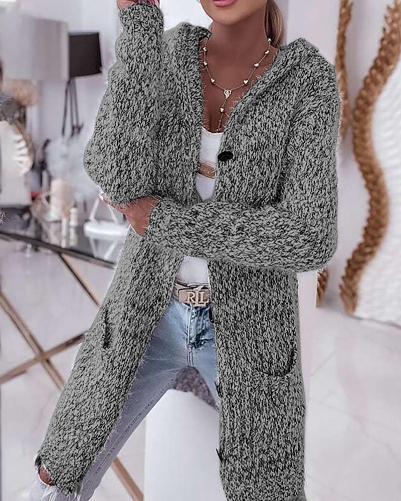 

Pocket Design Fuzzy Knit Hooded Cardigan, Gray