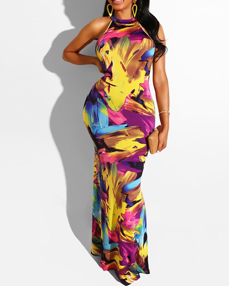 

Tie Dye Print Cutout Waist Sleeveless Maxi Dress, Hot pink
