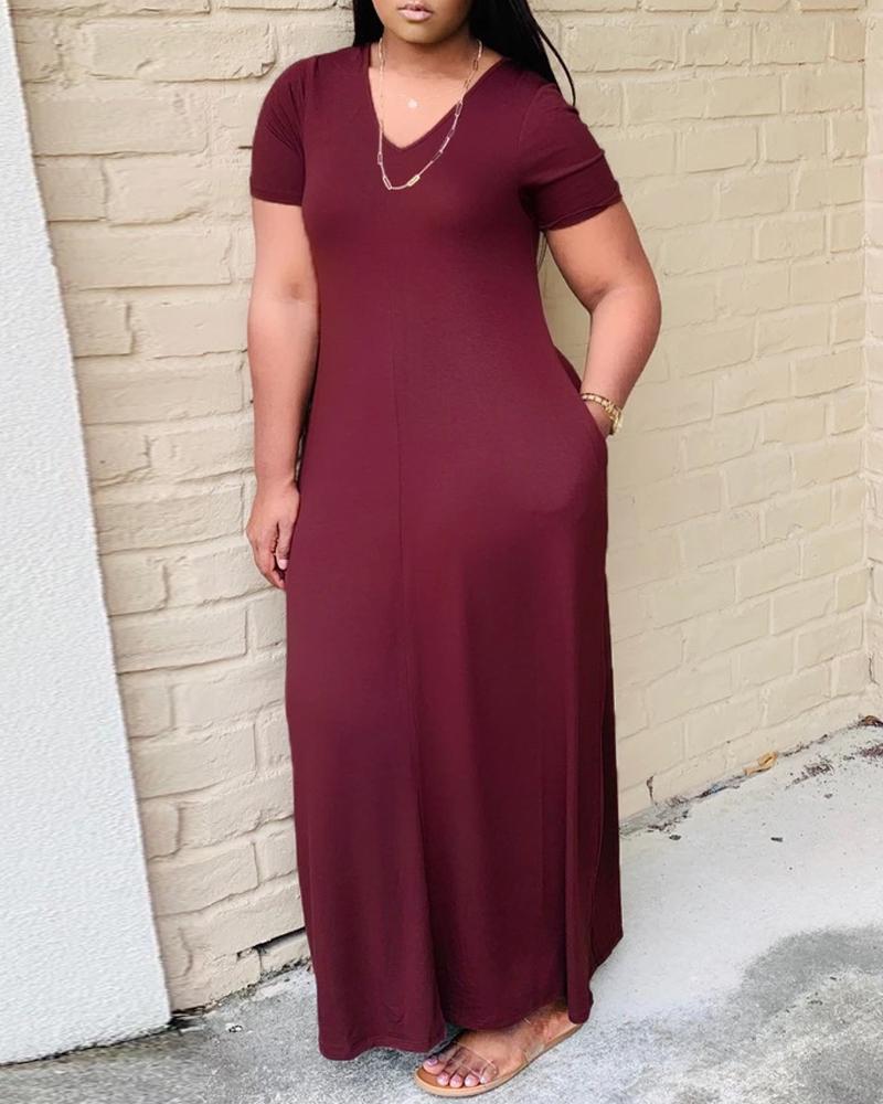 

Plus Size Short Sleeve Pocket Detail Maxi Dress, Wine red
