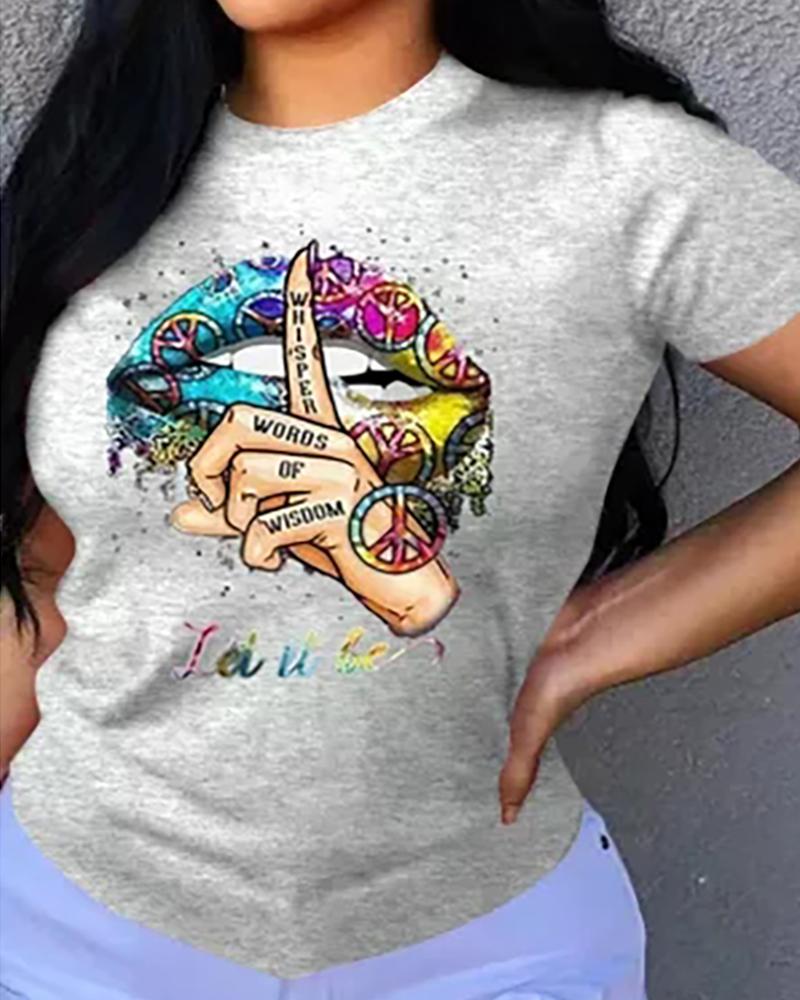 

Letter Lip Graphic Print O-neck T-shirt, Gray