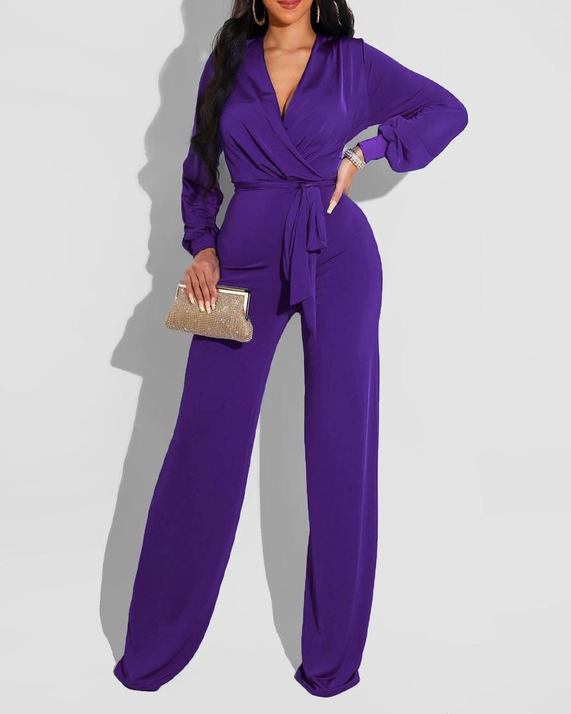 

Plain V-Neck Long Sleeve Wrap Tie Front Jumpsuit Elegant Slim Fit Jumpsuit, Purple