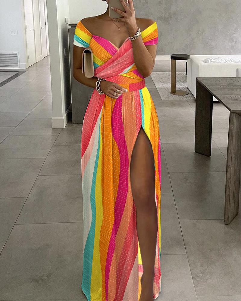 

Colorblock Off Shoulder High Slit Maxi Dress, Multicolor
