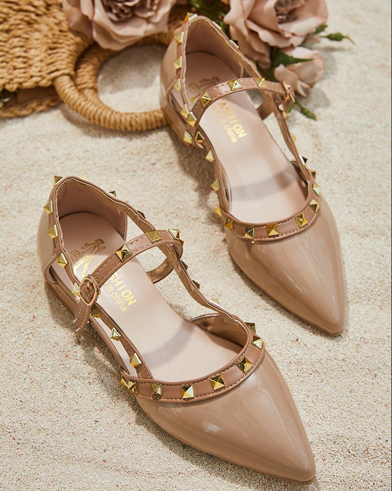 

Studded Pointed Toe Slip On Mules, Apricot