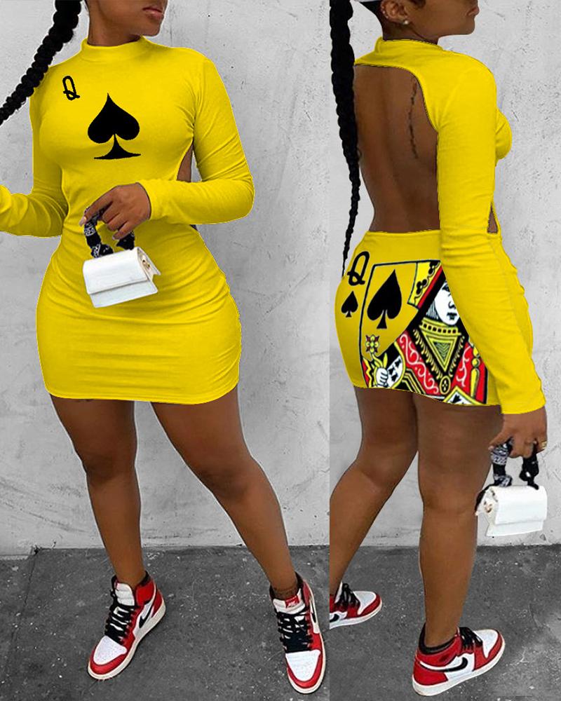 

Poker Print Backless Bodycon Dress, Yellow