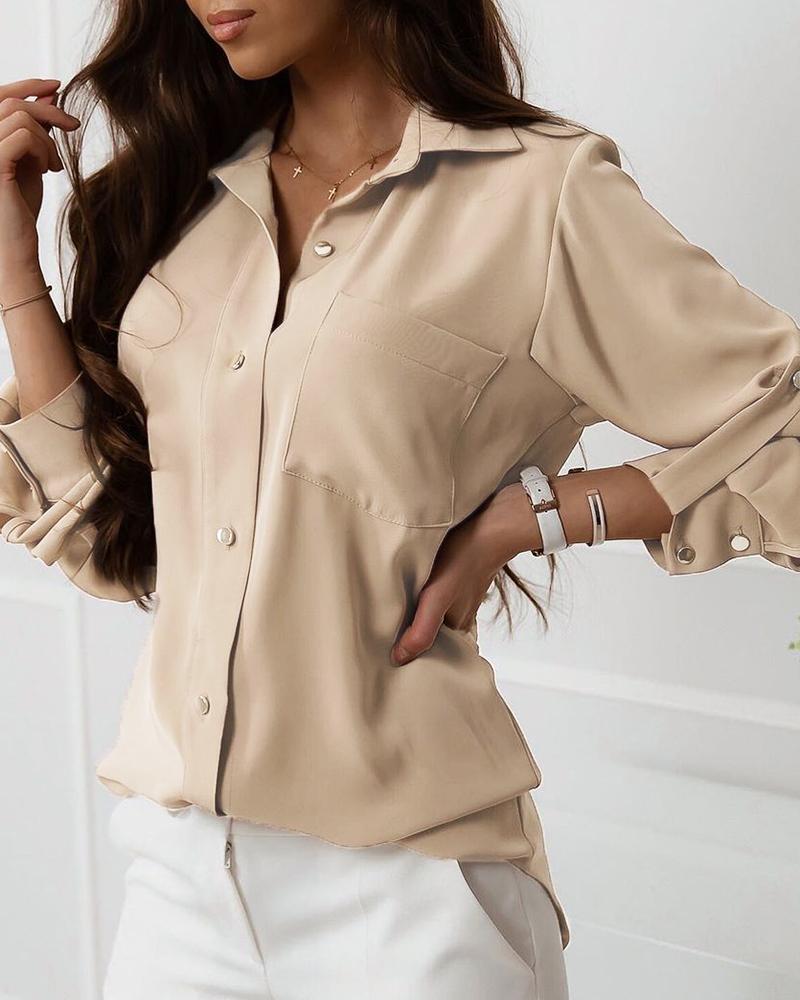 

Button Pocket Design Long Sleeve Shirt, Khaki