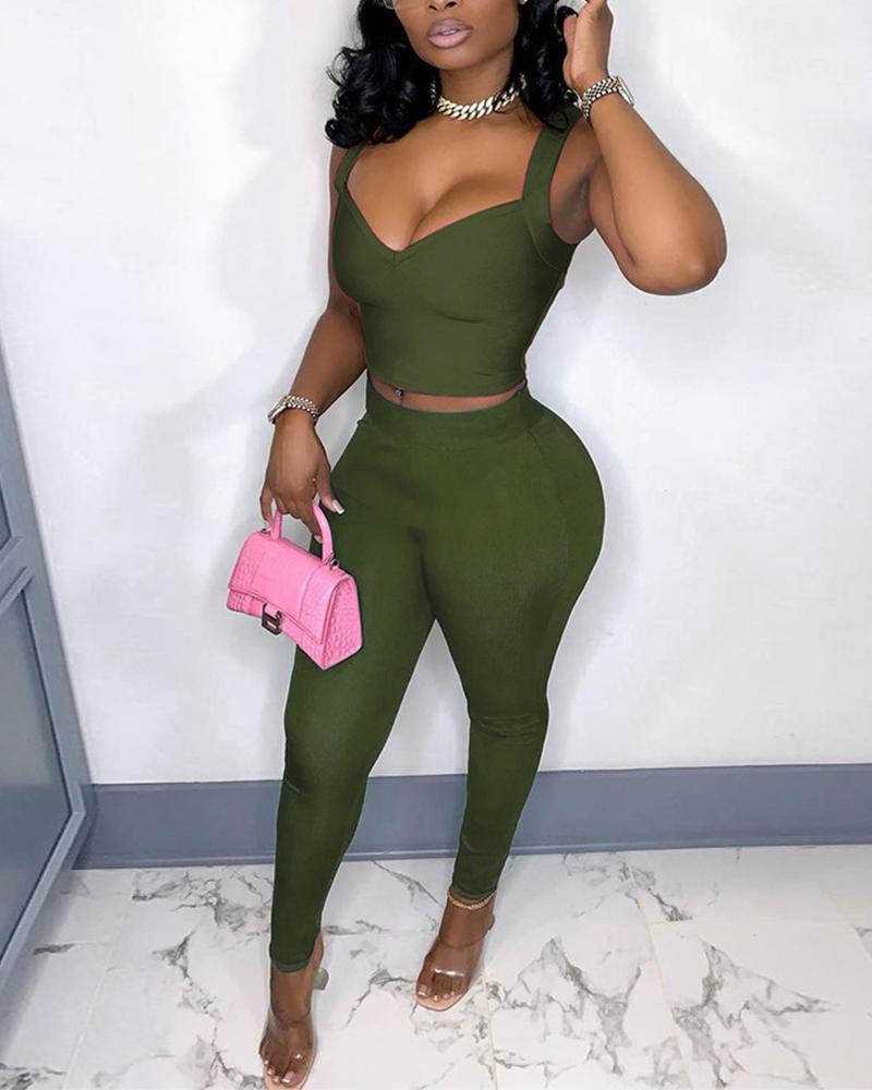 

Candy Color Plain Bodycon Top & Pants Sets, Army green