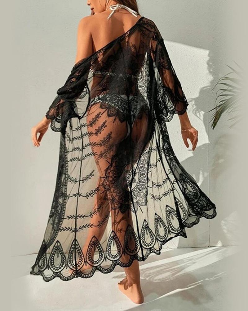 

Open Front Sheer Mesh Lace Cover Up, Black