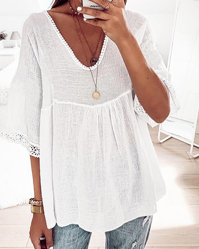 

Lace Trim Half Sleeve V-Neck Casual Top, White
