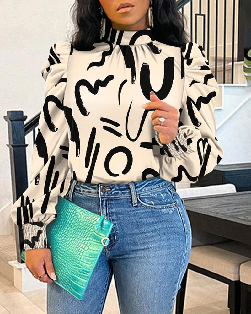 

Abstract Print Tie Back Shirred Puff Sleeve Top, Apricot