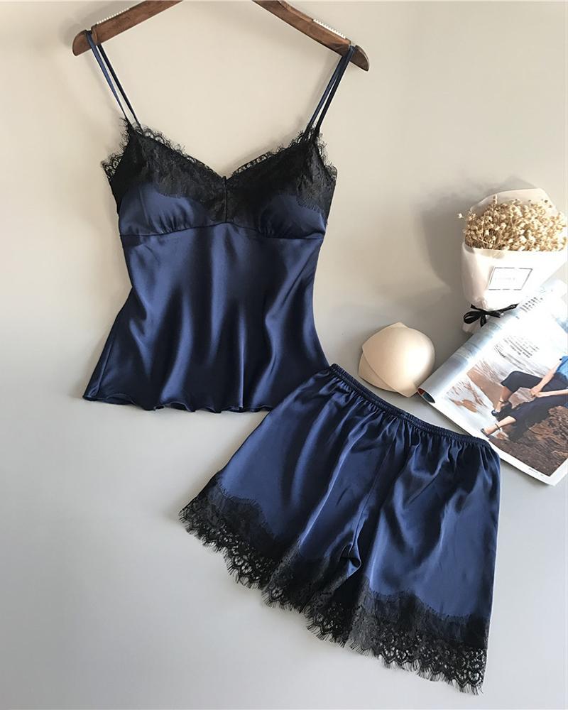 

Eyelash Crochet Lace Patch Satin Cami Set, Dark blue