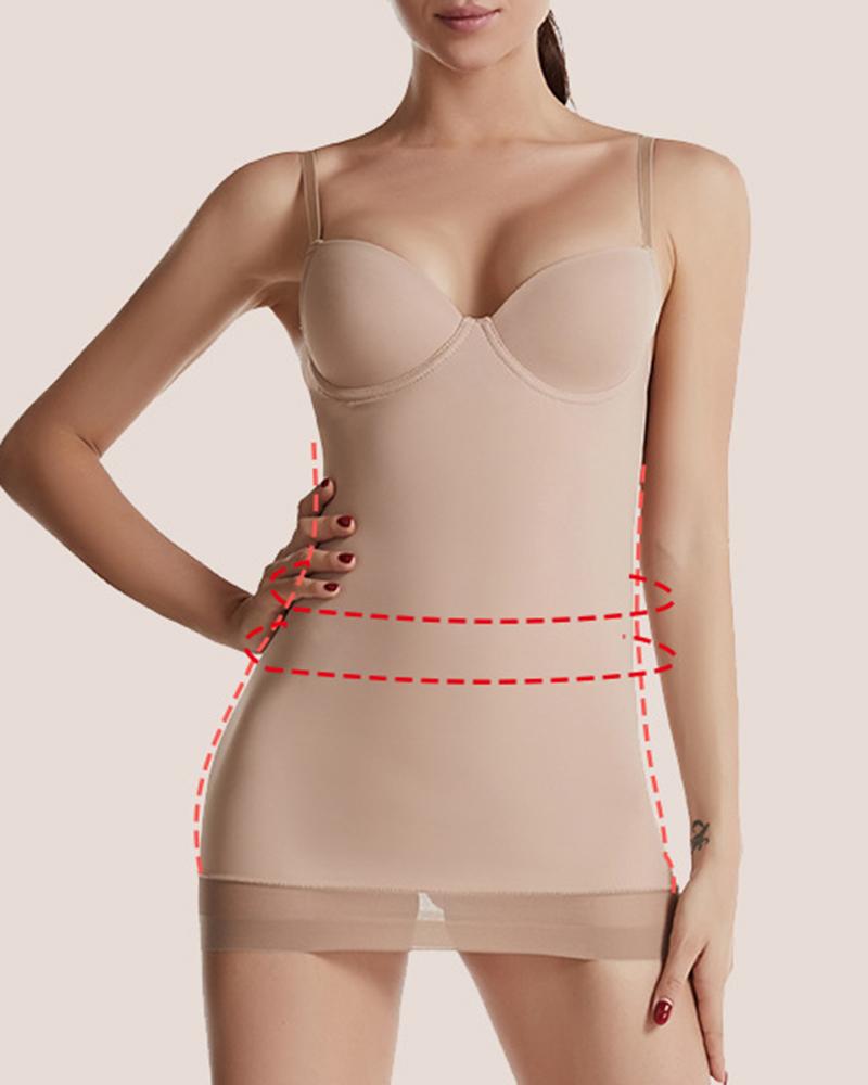 

Spaghetti Strap Lace Patch Tummy Control Shapewear Dress, Nude