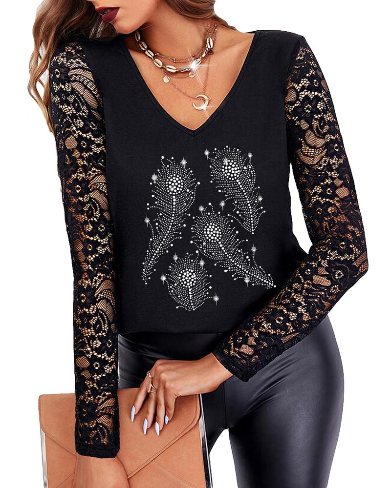 

Valentine' Day Long Sleeve Crochet Lace Rhinestone Top, Style5