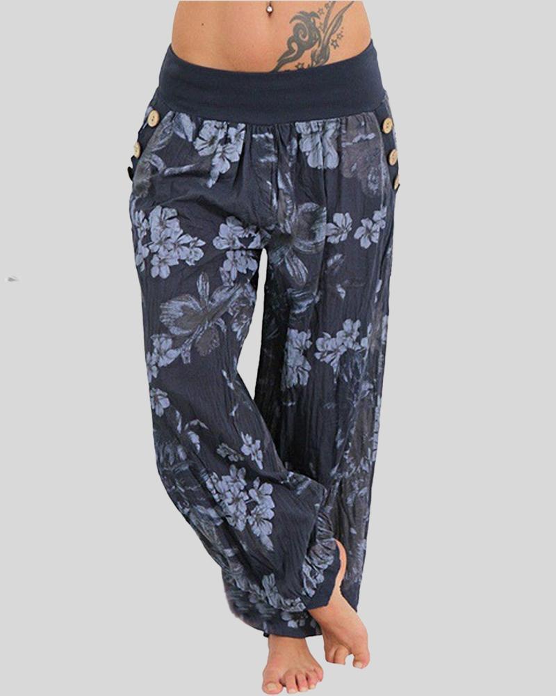 

Floral Print Button Decor Low Waist Pants, Purplish blue