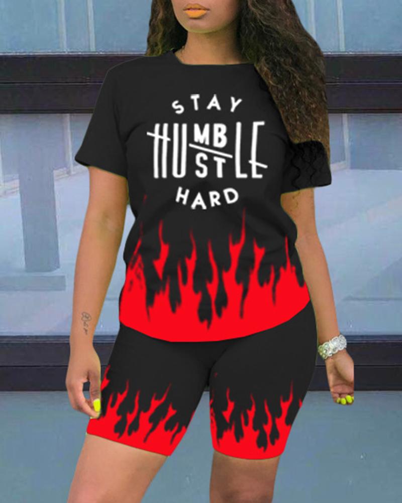 

Letter Red Fire Printed loose Shirt & Shorts 2PCS Sportswear Set, Black
