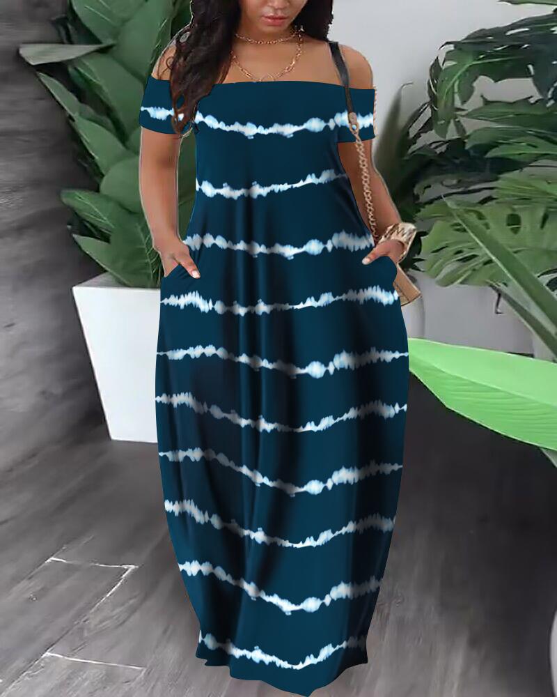 

Plus Size Tie Dye Print Off Shoulder Maxi Dress, Dark blue